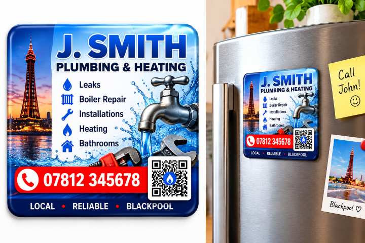 Example business magnet and how it looks on a fridge