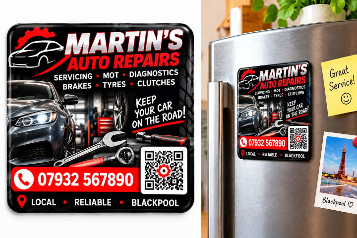 Example business magnet and how it looks on a fridge